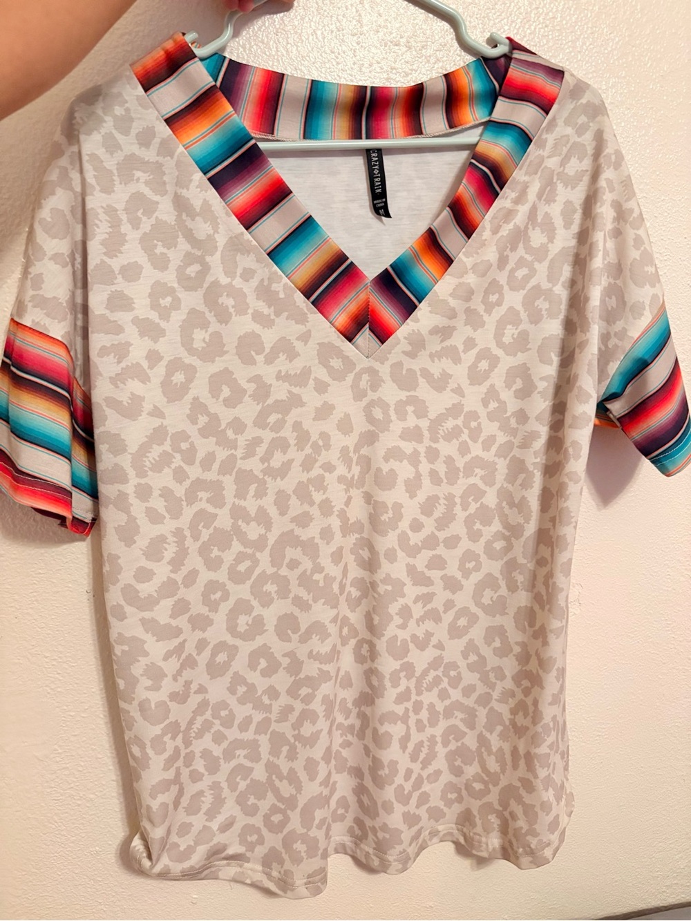 Crazy Train White Leopard Print V-Neck Top with Colorful Serape Trim